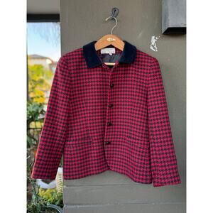 Vintage Rena Rowan Saville 14 Red Black Houndstooth Tweed Lambswool Wool Jacket